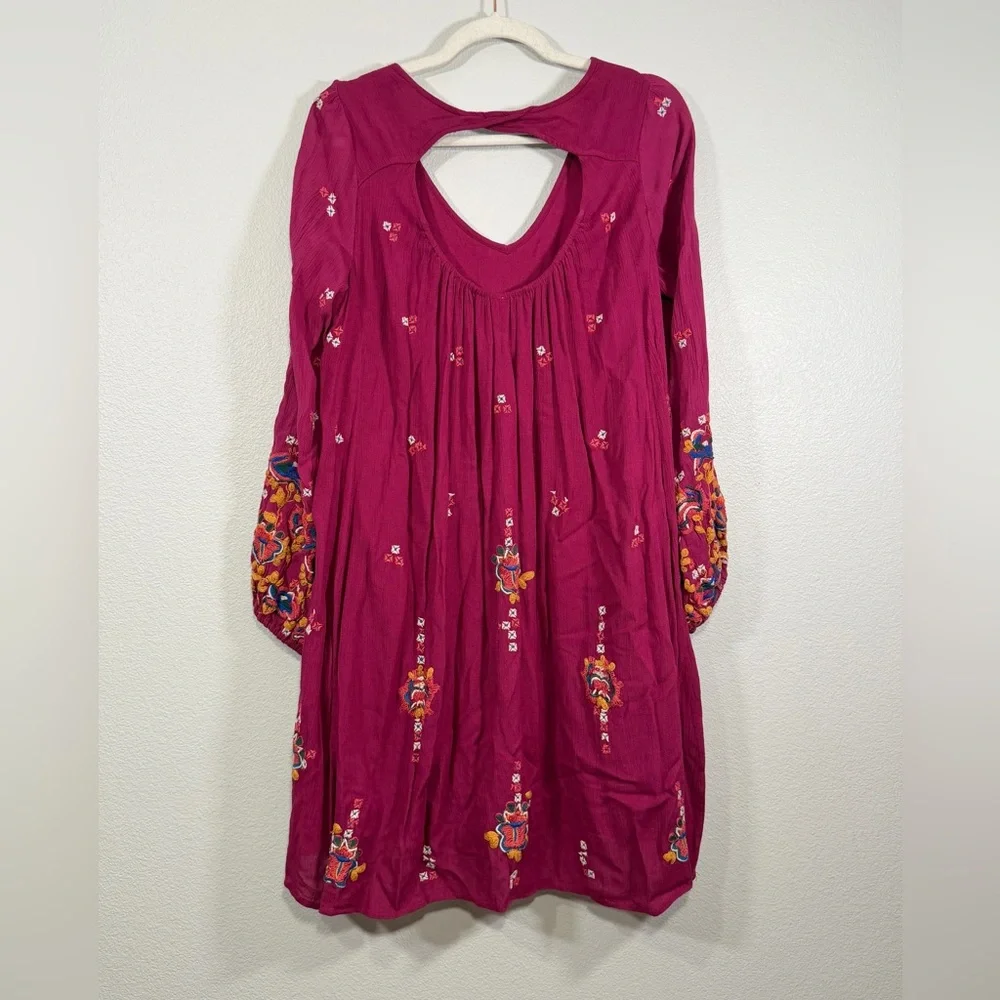 Free People Dress Burgundy Backless Embroidery Floral Long Sleeve Pocket Women M - Picture 9 of 10